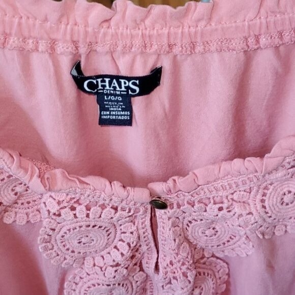 Chaps Cinched Ruffled Lace Neckline Salmon Short Sleeve Sz. L Top - Picture 3 of 7